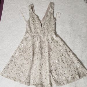 Bailey Blue Cream & Gold Sequin Flare Dress (Size Medium)